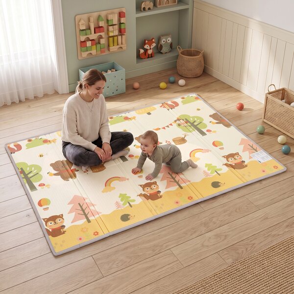 AIYAPLAY Tappeto Gioco Bambini 200x150x1.5 cm a Tema Bosco Pieghevole Reversibile in XPE, 0-3 Anni, Multicolore | Aosom Italy