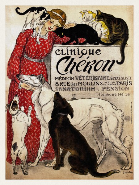 Riproduzione Clinique Cheron Cats Dogs Distressed Vintage French Poster - Th ophile Steinlen