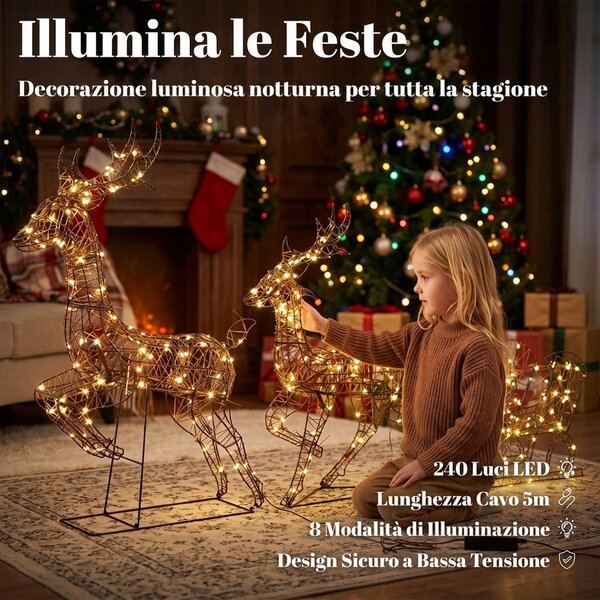 Outsunny Set Natalizio 3 Pezzi Renne e Slitta, 240 LED, 105 cm, Bianco Caldo, Timer, 8 Modalità di Illuminazione, IP44 | Aosom Italy
