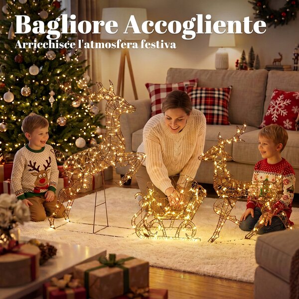 Outsunny Set Natalizio 3 Pezzi Renne e Slitta, 240 LED, 105 cm, Bianco Caldo, Timer, 8 Modalità di Illuminazione, IP44 | Aosom Italy