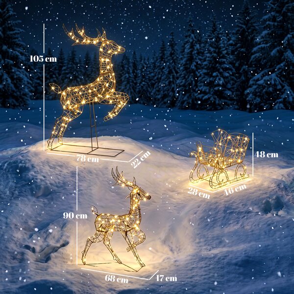 Outsunny Set Natalizio 3 Pezzi Renne e Slitta, 240 LED, 105 cm, Bianco Caldo, Timer, 8 Modalità di Illuminazione, IP44 | Aosom Italy