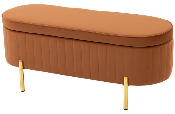 HOMCOM Panca Contenitore Ovale da 72L con Coperchio Sollevabile, in Tessuto Vellutato e Legno, 107x42x45.5 cm, Marrone Dorato | Aosom Italy