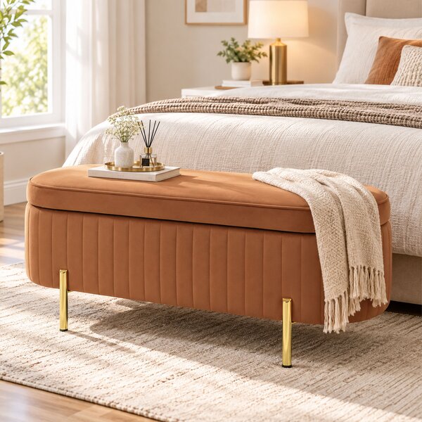 HOMCOM Panca Contenitore Ovale da 72L con Coperchio Sollevabile, in Tessuto Vellutato e Legno, 107x42x45.5 cm, Marrone Dorato | Aosom Italy