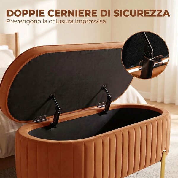 HOMCOM Panca Contenitore Ovale da 72L con Coperchio Sollevabile, in Tessuto Vellutato e Legno, 107x42x45.5 cm, Marrone Dorato | Aosom Italy