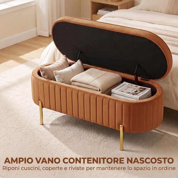 HOMCOM Panca Contenitore Ovale da 72L con Coperchio Sollevabile, in Tessuto Vellutato e Legno, 107x42x45.5 cm, Marrone Dorato | Aosom Italy