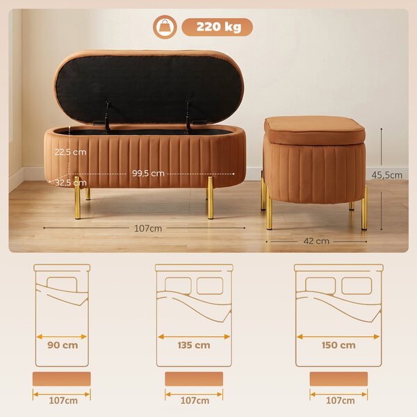 HOMCOM Panca Contenitore Ovale da 72L con Coperchio Sollevabile, in Tessuto Vellutato e Legno, 107x42x45.5 cm, Marrone Dorato | Aosom Italy