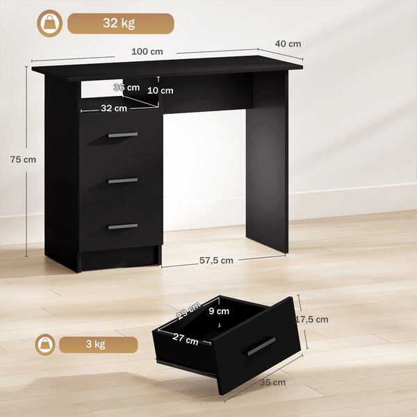HOMCOM Scrivania Salvaspazio con 3 Cassetti, Ripiano Aperto, Scrivania Ufficio, Moderna, Tavolo PC per Computer Casa Ufficio Studio Camera da Letto, 100x40x75 cm, Nero | Aosom Italy