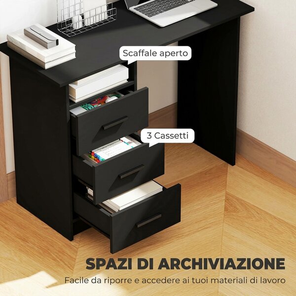 HOMCOM Scrivania Salvaspazio con 3 Cassetti, Ripiano Aperto, Scrivania Ufficio, Moderna, Tavolo PC per Computer Casa Ufficio Studio Camera da Letto, 100x40x75 cm, Nero | Aosom Italy