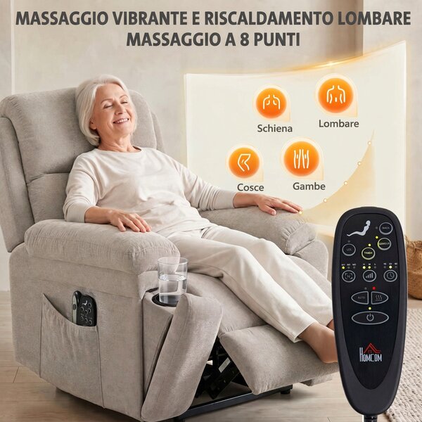 HOMCOM Poltrona Elettrica Alzapersona Reclinabile, Riscaldata, Massaggiante 8 Punti, in Ciniglia, 2 Telecomandi, Beige | Aosom Italy