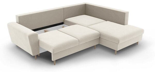 Divano angolare beige allungabile e con contenitore (con penisola a destra/a L) con rivestimento in velluto Kyoto – Cosmopolitan Design