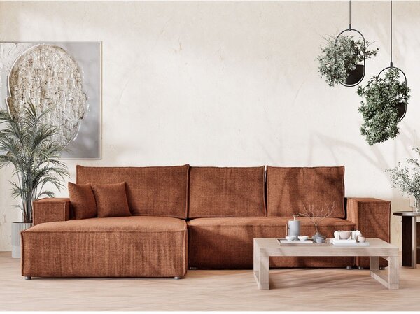 Divano angolare color rame allungabile/con contenitore (con penisola a sinistra/con chaise lounge) con rivestimento in ciniglia Maze – Maison de Rêve