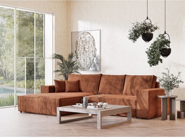 Divano angolare color rame allungabile/con contenitore (con penisola a sinistra/con chaise lounge) con rivestimento in ciniglia Maze – Maison de Rêve