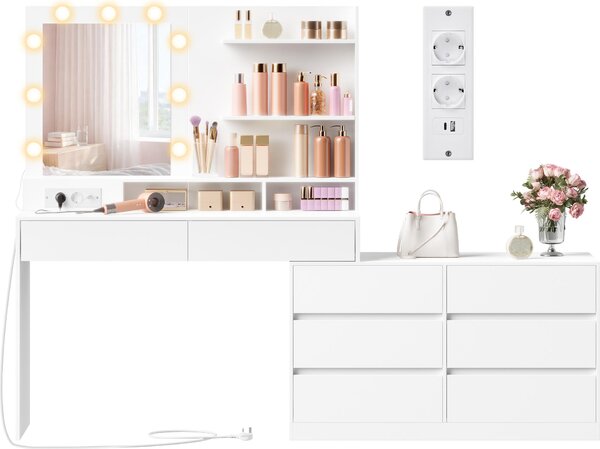 VASAGLE Toilette con cassettiera, diritta o a forma di L, specchio con luce e specchio, colori della luce regolabili, bianco