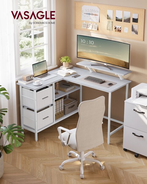 Scrivania VASAGLE, scrivania angolare, a forma di L, con supporto per monitor e ripiano regolabile