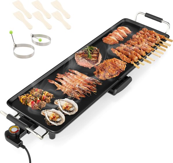 GOPLUS Griglia elettrica da tavolo, piastra di cottura grande 83,5 x 24 cm, griglia teppanyaki per 6-8 persone, con 4 livelli di regolazione della temperatura, nera