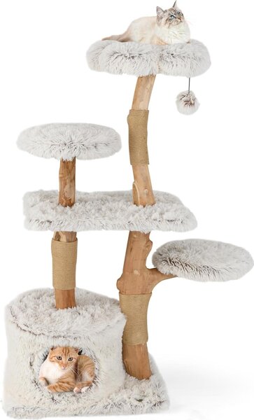 GOPLUS Tiragraffi a più piani da 135 cm, con pali in legno naturale, piattaforma imbottita, casetta per gatti e pallina sospesa, struttura per arrampicata per gatti