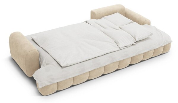 Divano angolare beige allungabile/con contenitore (con penisola a destra/con chaise lounge) con rivestimento in velluto Linz – Cosmopolitan Design