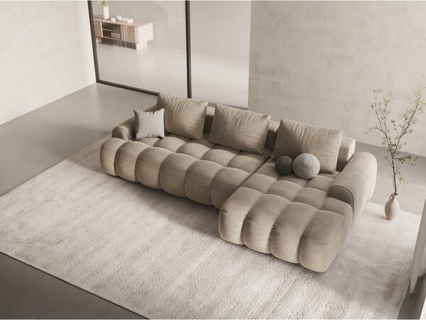 Divano angolare beige allungabile/con contenitore (con penisola a destra/con chaise lounge) con rivestimento in velluto Linz – Cosmopolitan Design