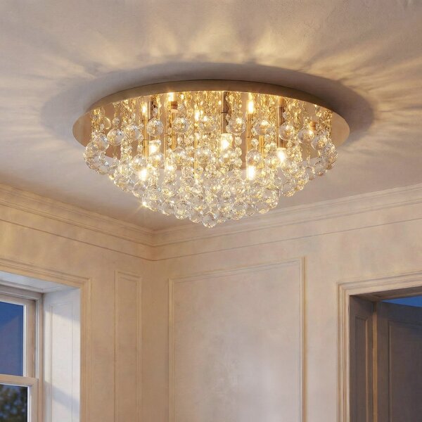 Plafoniera Lindby, Gillion, dimmerabile, Dorato / Ottone, Soggiorno, Cristallo, Moderno