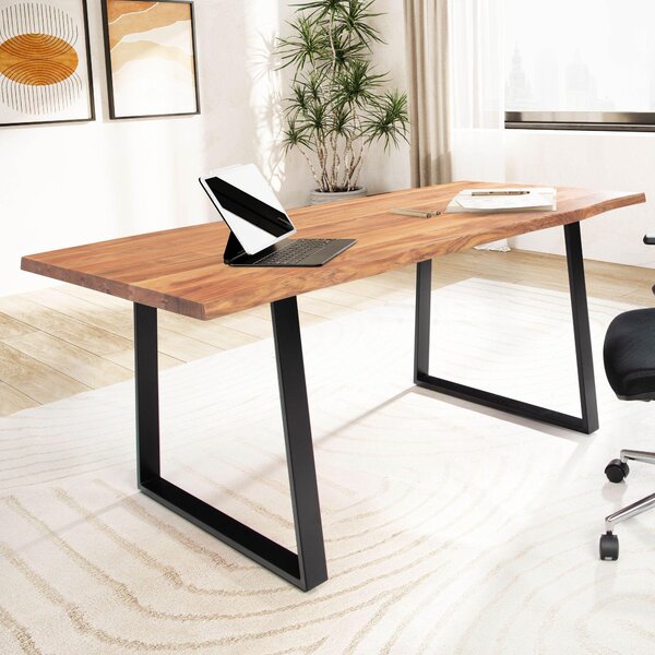 WOHNLING Scrivania 200x100x76 cm Legno massello di acacia / metallo Scrivania per computer Bordo del tronco Scrivania da ufficio per home office Massiccia con gambe trapezoidali in nero