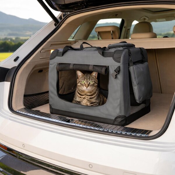 Trasportino per gatti Belviona, borsa da trasporto leggera e robusta, pieghevole con finestre in rete, cuscino interno e tasche, 60x42x44 cm, grigio scuro