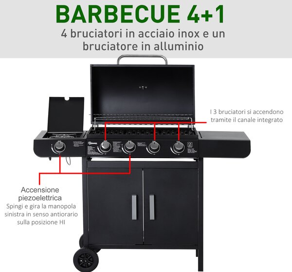 Outsunny Barbecue da giardino a Gas a 5 Fornelli con Ripiani Laterali e Armadietto, in Acciaio e PP, 125x51x100 cm, Nero | Aosom Italy