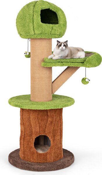 GOPLUS, tiragraffi per gatti da 148 cm, a forma di fungo, con 2 rifugi per gatti, una piattaforma, pali in sisal per graffiare e un cuscino rimovibile, color marrone e verde