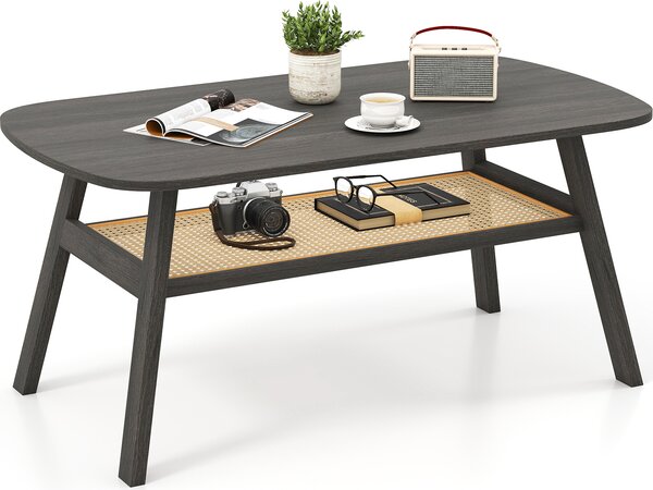 Tavolino da caffè a 2 livelli COSTWAY, tavolo rettangolare con ripiano in rattan e gambe in legno di gomma, tavolino da cocktail rustico per il soggiorno