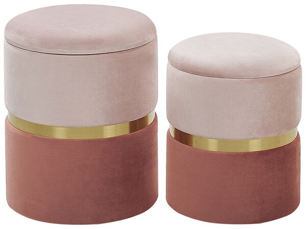 Set di 2 pouf portaoggetti con poggiapiedi in velluto di poliestere rosa chiaro e rosa scuro dal design retrò Beliani