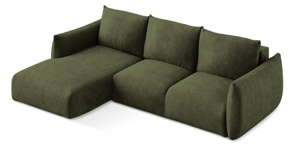 Divano angolare verde allungabile (con penisola a sinistra/con chaise lounge) con rivestimento in ciniglia Leila – Makamii