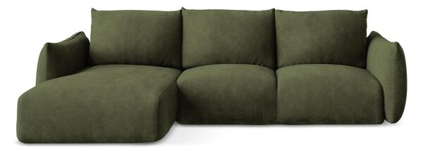 Divano angolare verde allungabile (con penisola a sinistra/con chaise lounge) con rivestimento in ciniglia Leila – Makamii