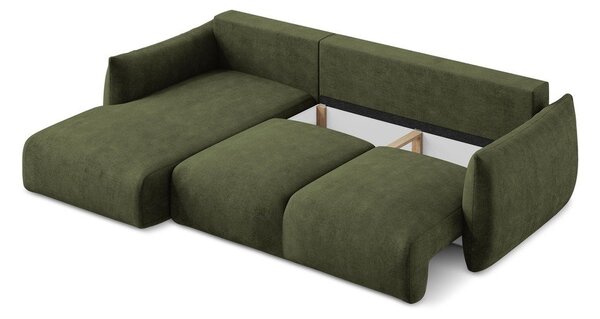 Divano angolare verde allungabile (con penisola a sinistra/con chaise lounge) con rivestimento in ciniglia Leila – Makamii