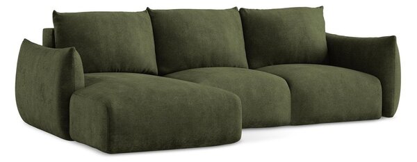 Divano angolare verde allungabile (con penisola a sinistra/con chaise lounge) con rivestimento in ciniglia Leila – Makamii