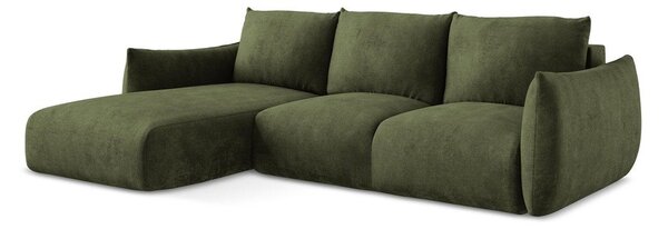 Divano angolare verde allungabile (con penisola a sinistra/con chaise lounge) con rivestimento in ciniglia Leila – Makamii