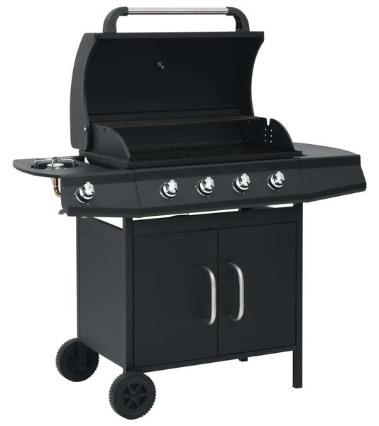 Barbecue a gas con 4 fuochi e piano di cottura in acciaio, colore nero