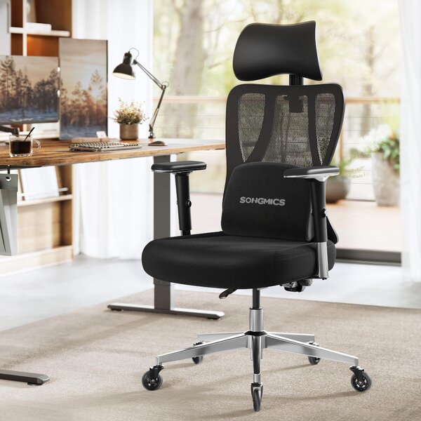 Sedia da scrivania SONGMICS, sedia ergonomica per ufficio, sedia girevole, regolabile in altezza, portata fino a 150 kg, nera