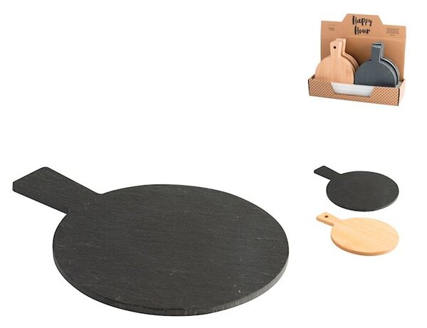Display 12 taglieri tondi con manico Happy Hour in ardesia e bamboo cm 14x19