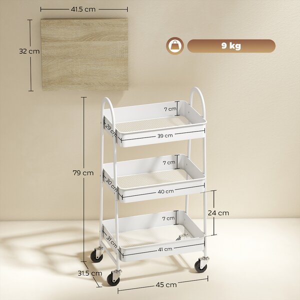 HOMCOM Carrello da cucina, a 3 livelli, con cestini e maniglie, 45 x 32 x 79 cm Rovere | Aosom Italy