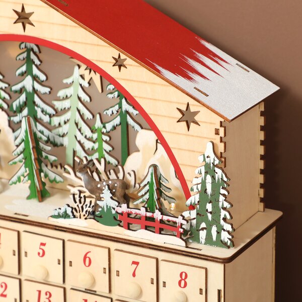 HOMCOM Calendario dell'Avvento da riempire con 24 caselle, Luci a LED, in Legno Naturale, 36 x 10 x 34 cm | Aosom Italy