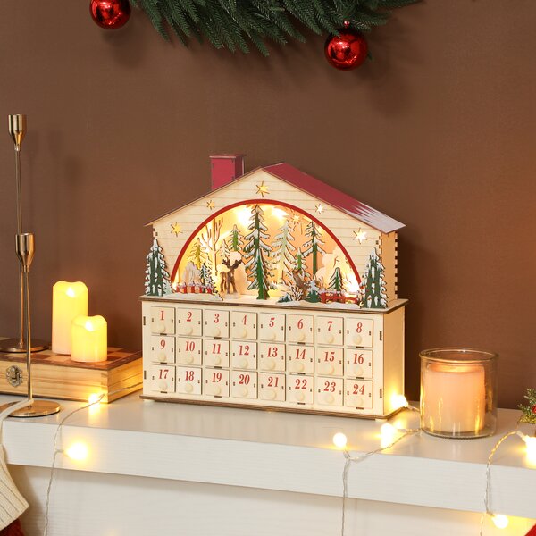 HOMCOM Calendario dell'Avvento da riempire con 24 caselle, Luci a LED, in Legno Naturale, 36 x 10 x 34 cm | Aosom Italy