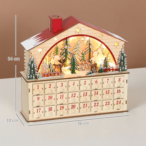 HOMCOM Calendario dell'Avvento da riempire con 24 caselle, Luci a LED, in Legno Naturale, 36 x 10 x 34 cm | Aosom Italy