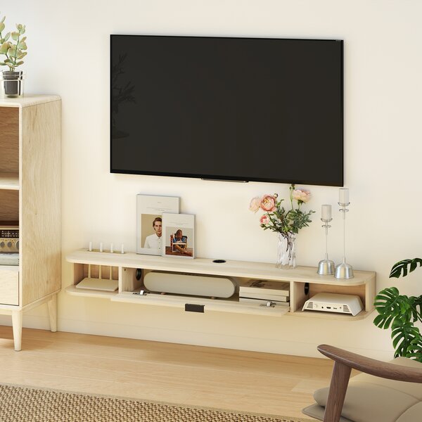 HOMCOM Mobile TV Sospeso con Cassetto Ribaltabile 2 Ripiani Aperti Gestione Cavi 140x24x16 cm Legno naturale | Aosom Italy