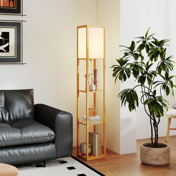 HOMCOM Lampada da Terra con Ripiani e Portalampada E27, Legno Naturale | Aosom Italy