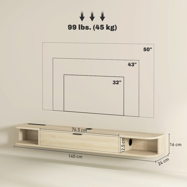 HOMCOM Mobile TV Sospeso con Cassetto Ribaltabile 2 Ripiani Aperti Gestione Cavi 140x24x16 cm Legno naturale | Aosom Italy