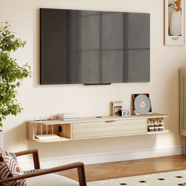 HOMCOM Mobile TV Sospeso con Cassetto Ribaltabile 2 Ripiani Aperti Gestione Cavi 140x24x16 cm Legno naturale | Aosom Italy