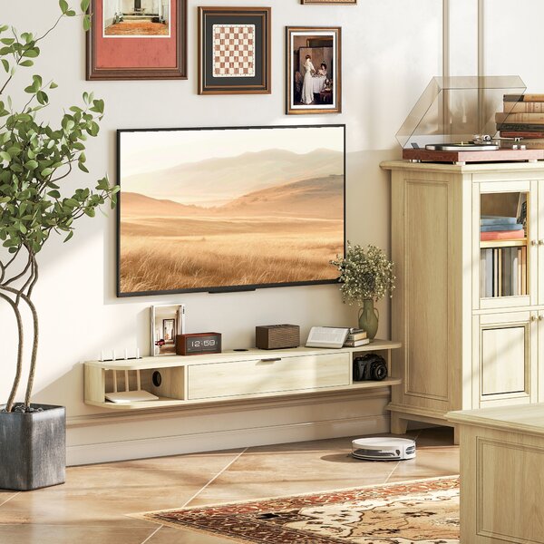 HOMCOM Mobile TV Sospeso con Cassetto Ribaltabile 2 Ripiani Aperti Gestione Cavi 140x24x16 cm Legno naturale | Aosom Italy