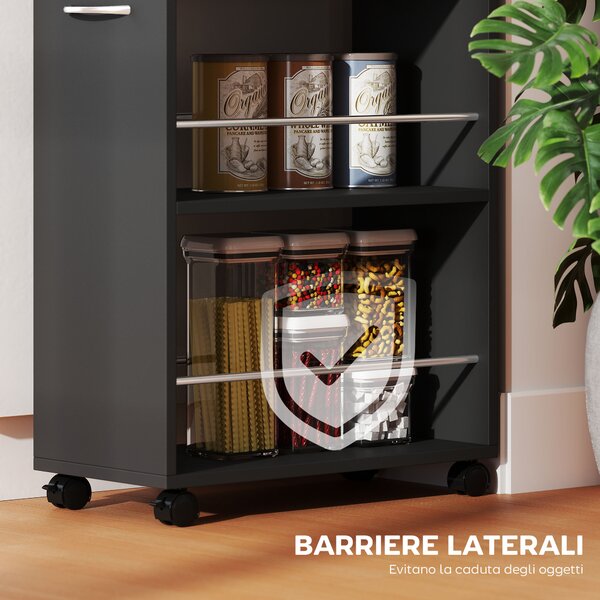 HOMCOM Carrello da Cucina con 2 Ripiani Aperti, Cassetto e Parapetti, Legno e Acciaio Inox, 25x50x85 cm, Nero | Aosom Italy