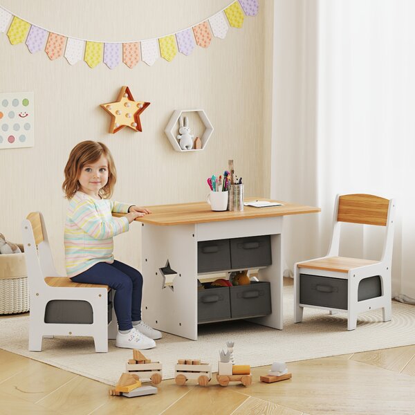 AIYAPLAY Tavolo per Bambini con 2 Sedie e 6 Cassetti in Tessuto, per Bambini e Bambine da 3-8 Anni, Legno Naturale | Aosom Italy