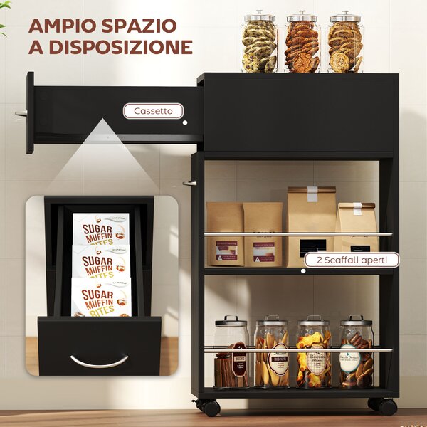 HOMCOM Carrello da Cucina con 2 Ripiani Aperti, Cassetto e Parapetti, Legno e Acciaio Inox, 25x50x85 cm, Nero | Aosom Italy