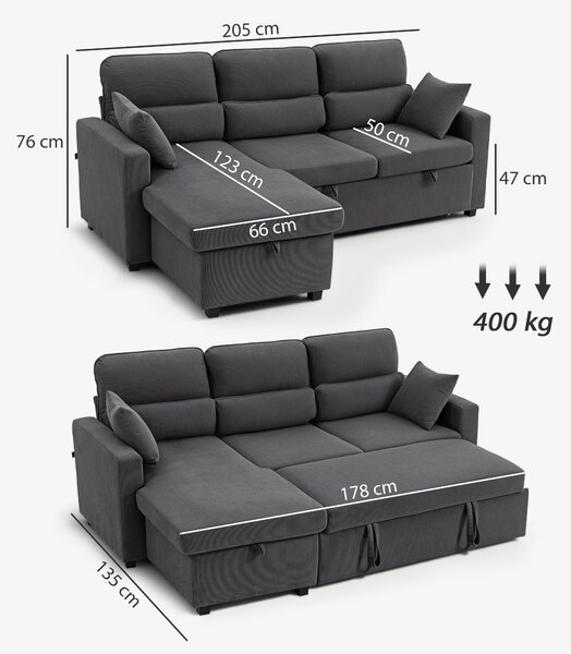 HOMCOM Divano letto regolabile ad angolo, con contenitore e cuscini, Grigio | Aosom Italy
